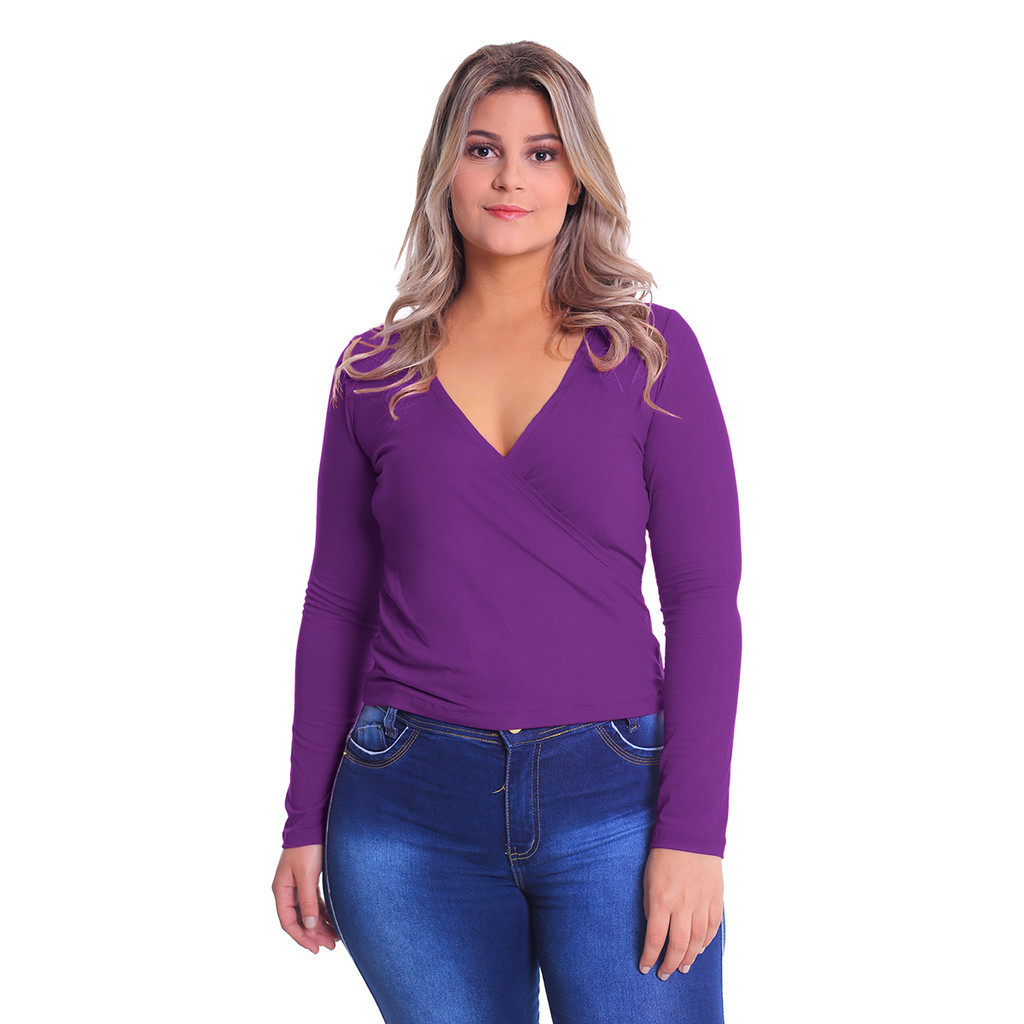 Blusa Plus Size Transpassada Manga Longa G GG G1 G2 G3 G4 G5