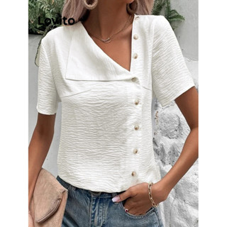 Lovito Blusa Elegante Frontal Com Botão Liso Para Mulheres LNE31098 (Branco)