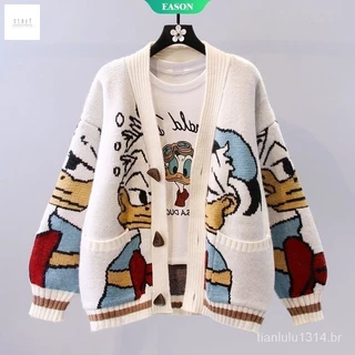 2023 Outono E Inverno Novo Vento Preguiçoso Disney Donald Japonês Pato Casaco Camisola das Mulheres Versátil Grosso Cardigan Capuzes