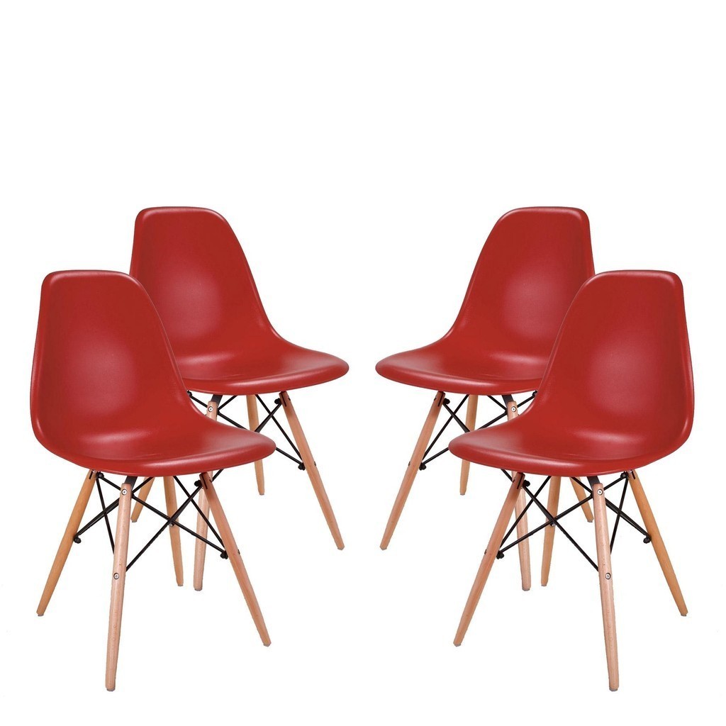 Conjunto 4 Cadeiras Eames Eiffel com pés de madeira - Vermelho