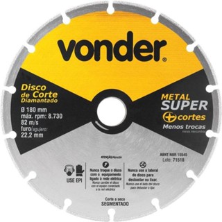 Disco de corte diamantado segmentado para metais 180 mm - Metal Super - Vonder