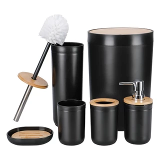 Conjunto De 6 Peças Para Banheiro Feito De Bambu E Plástico Preto