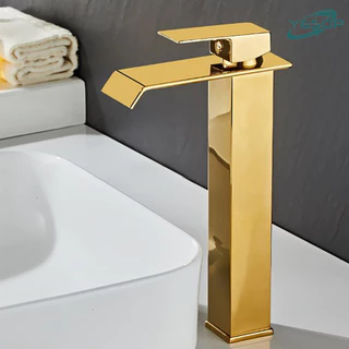 Torneira Dourada Banheiro Cascata Monocomando Misturador Alta Bica Lavatório Luxo 30cm Yesop