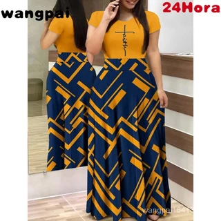 Vestido longo plus size elegante estampado feminino manga curta gola redonda