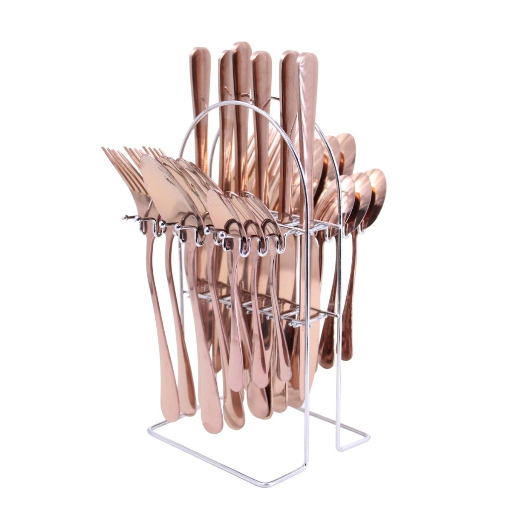 Kit 25 Talheres Aço Inox com Suporte - Rosa Gold Brilhante para Festa ...