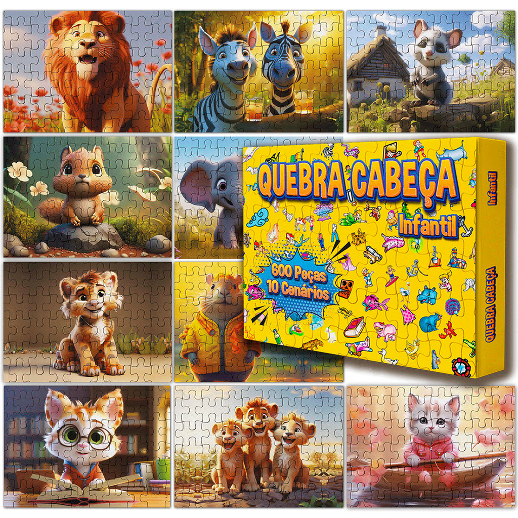 Kit 10 Quebra Cabeça Infantil Tema Mundo dos Animais Leão Bichos ...