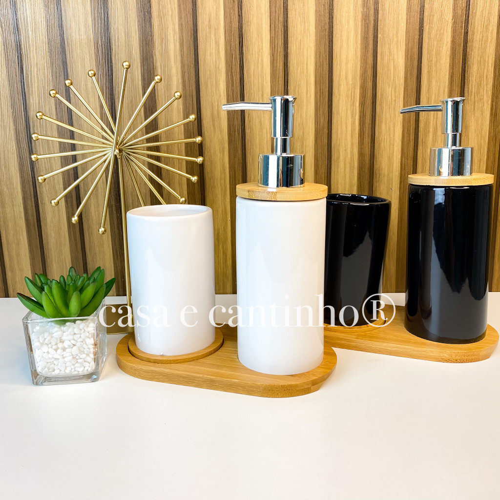 Kit Banheiro Lavabo Porta Sabonete liquido Dispenser e Porta Escova de ...