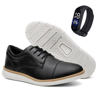Sapato Masculino Oxford Casual de Couro Solado Macio Antistress na Promoção + Relógio