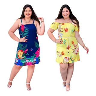 Kit 2 Vestidos Plus Size Curto Soltinho Viscose Estampado
