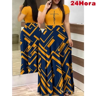 Vestido Longo Mais Tamanho Manga Manga Manga Curta Feminina com Pescoço Redondo Impressão