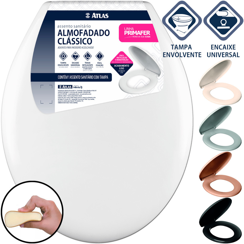 Assento Sanitário Almofadado Qualidade Oval Clássico Primafer Atlas Original Tampa Vaso P/ Deca Celite Icasa Universal