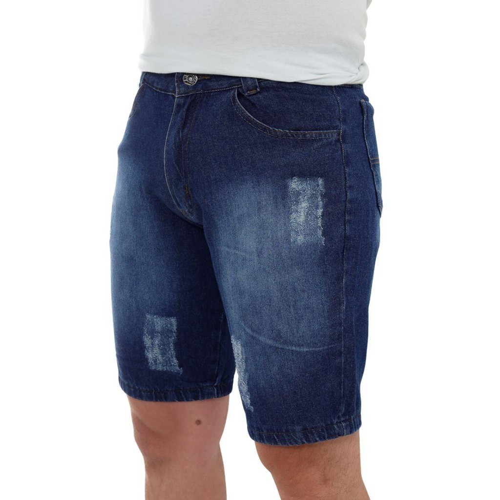 Bermuda Jeans Masculina Básica Lavagem Escura Detalhes Puídos Moda Premium