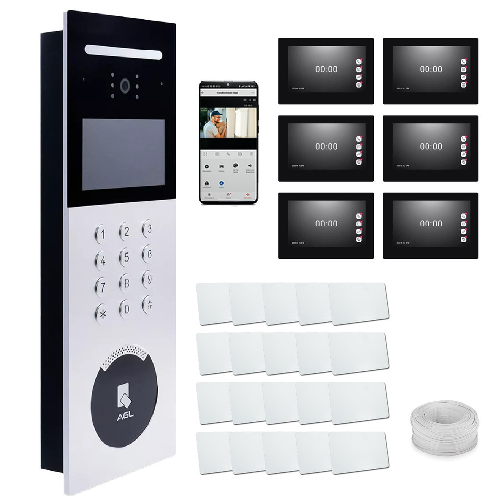 KIT VIDEO PORTEIRO COLETIVO CONDOMINIUM APP + 6 MONITORES +CAIXA CABO DE REDE + 20 CARTÕES