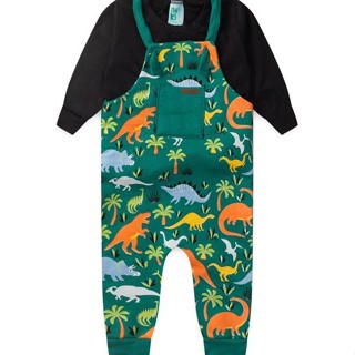 Conjunto Jardineira Bebê Moletom Menino - Dinos - Verde
