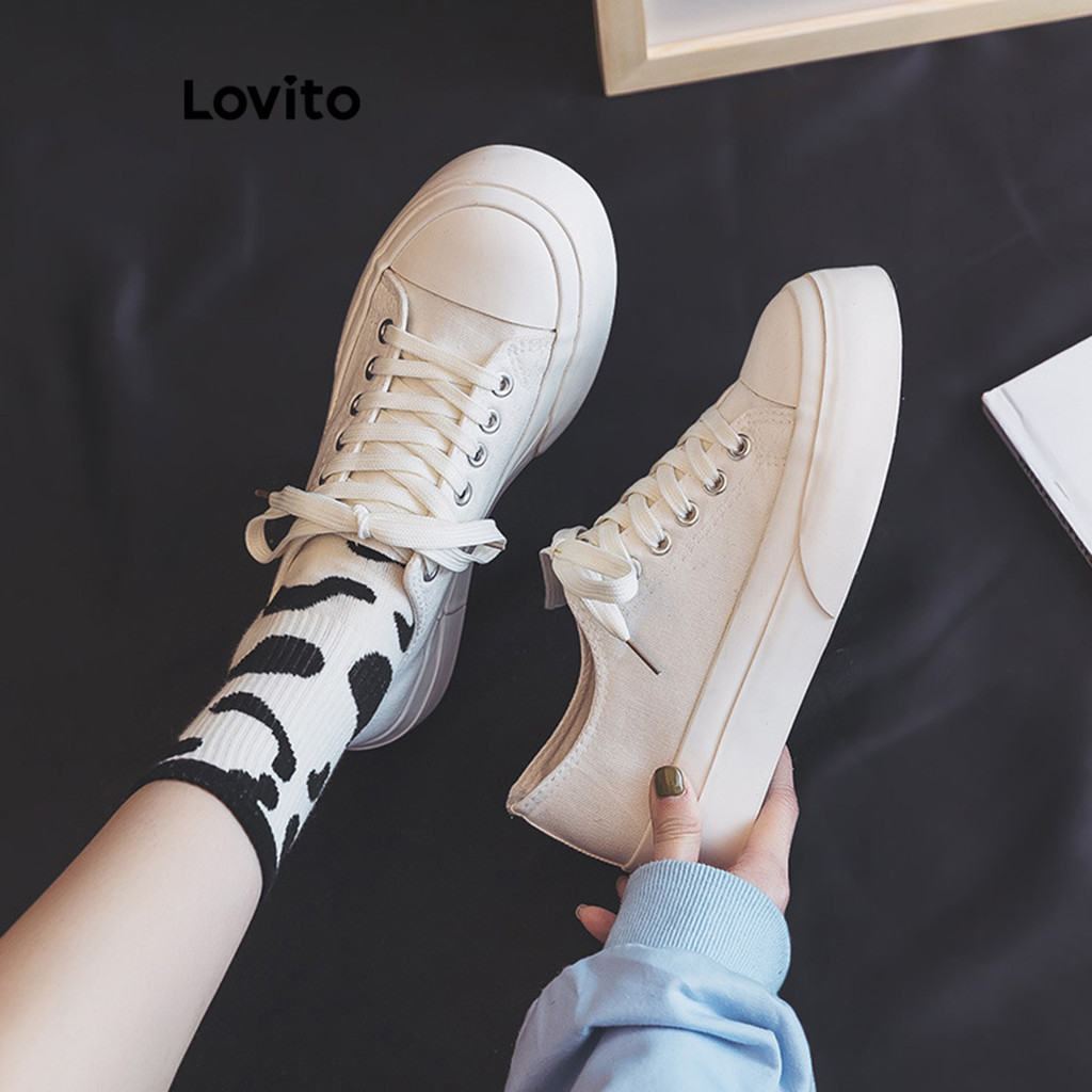 Lovito Sapatos Casuais Brancos Lisos Tênis De Sola Grossa Para Mulheres LFA78002