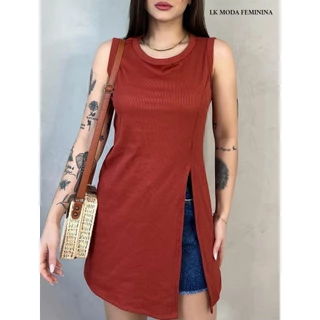 Bata Blusinha Feminina Ribana Canelada Cavada Com Fenda
