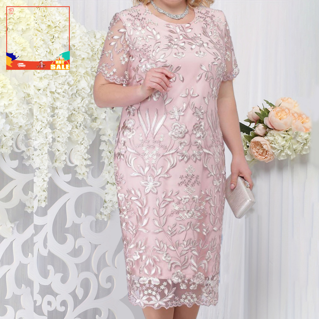 Lady Summer Dress Flower Embroidered Floral Lace Plus Size Midi for Prom  Party Elegant Lady's Fashion