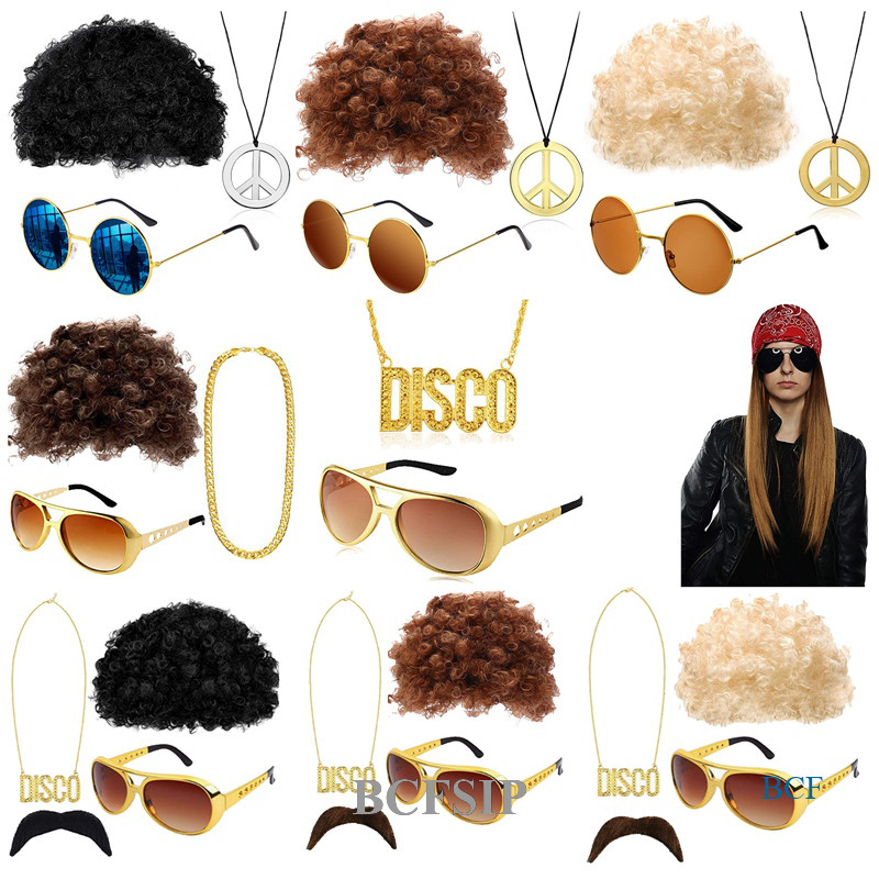 BCF Conjunto De Perucas Hippie Para Homens Trajes Retro Hip Hop Kit Gold Discoteca Acessórios Gomy