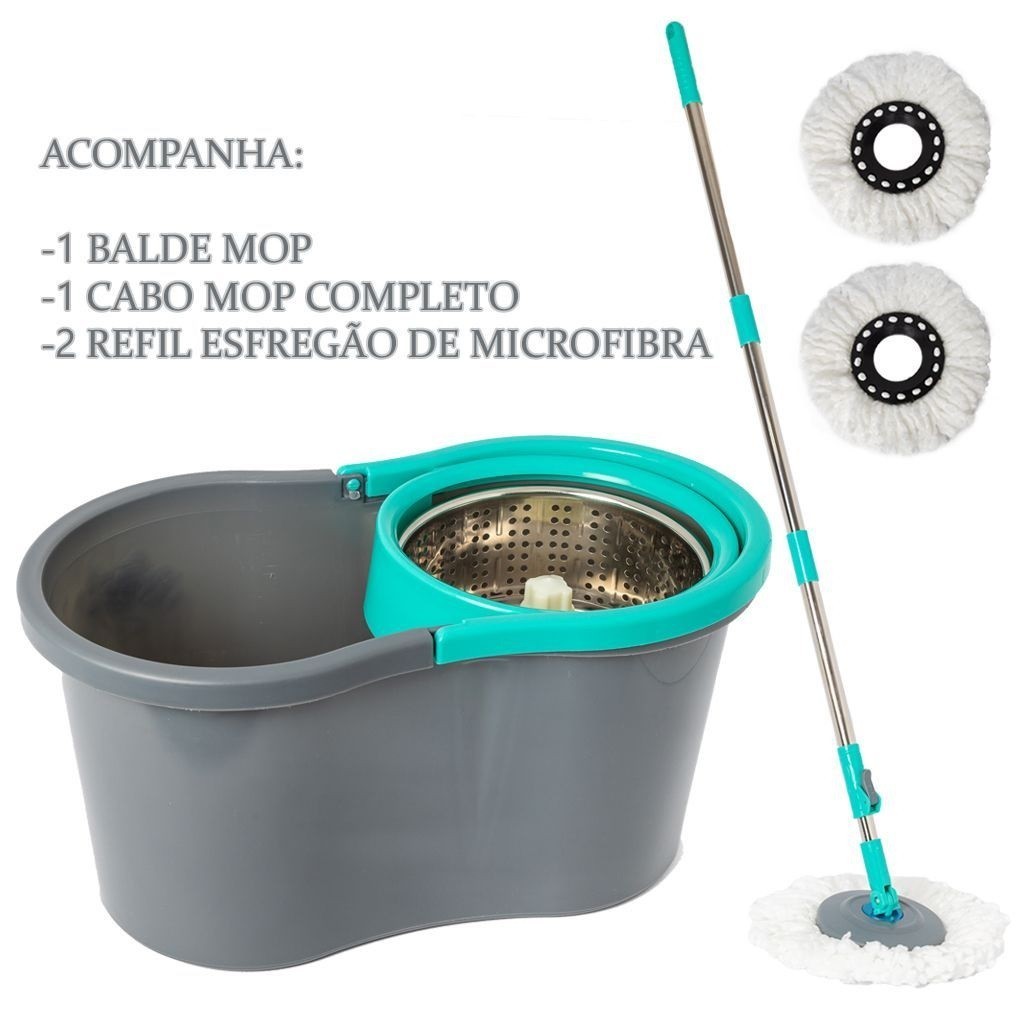 Mop Giratório Esfregão Balde 8 Litros Cesto Em Inox 2 Refil