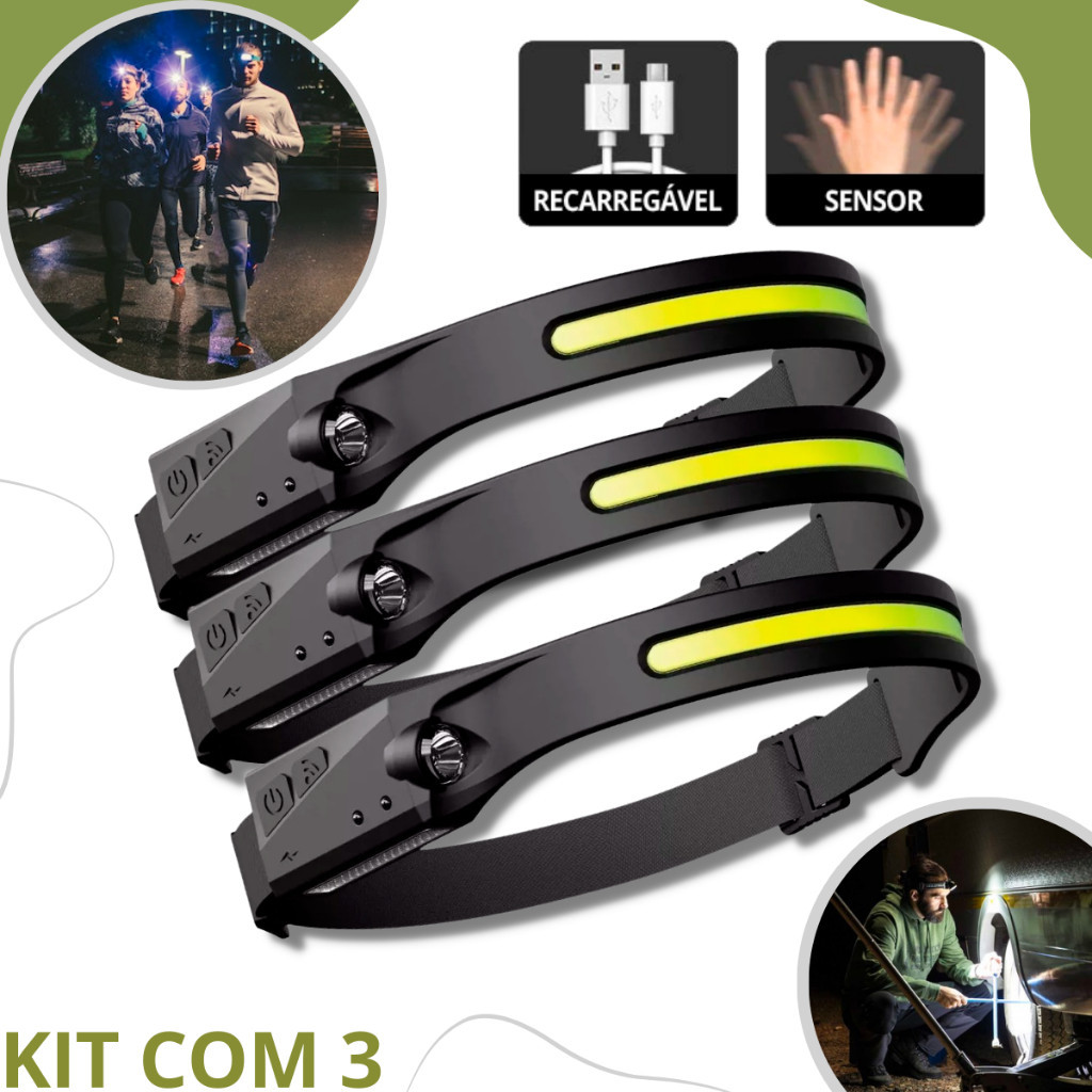 Kit 03 Potente Farol Recarregável Led Corpo Motion Sensor Cabeça ...