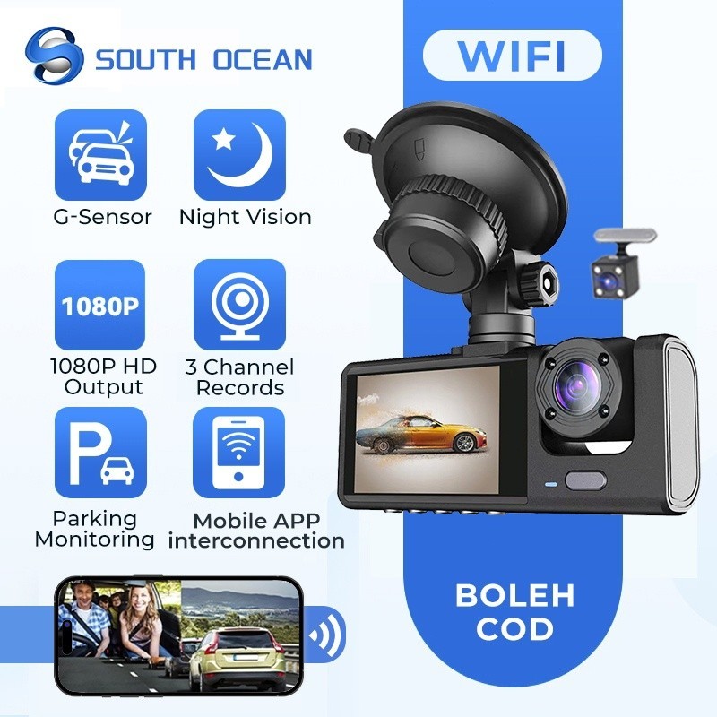 3 Lentes De Câmera Carro HD 1080P 24h Monitor De Estacionamento DVR Dash Cam Camara De Vídeo Gravador Dashcam Wifi