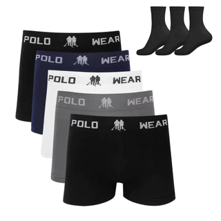 Kit 5 Cueca Boxer Polo Wear Microfibra Sortido + 3 Meias M11