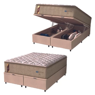 Cama Box Baú Colchão Casal Queen Probel Molas Guarda Costas Max Pillow Top 158x198x81cm Bege / Branco - Suporta até 180kg por Pessoa