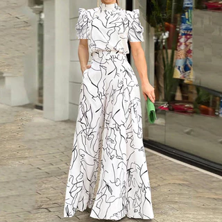 Novo temperamento feminino deslocamento de moda cintura alta pescoço artístico impresso macacão solto de manga curta (8663)