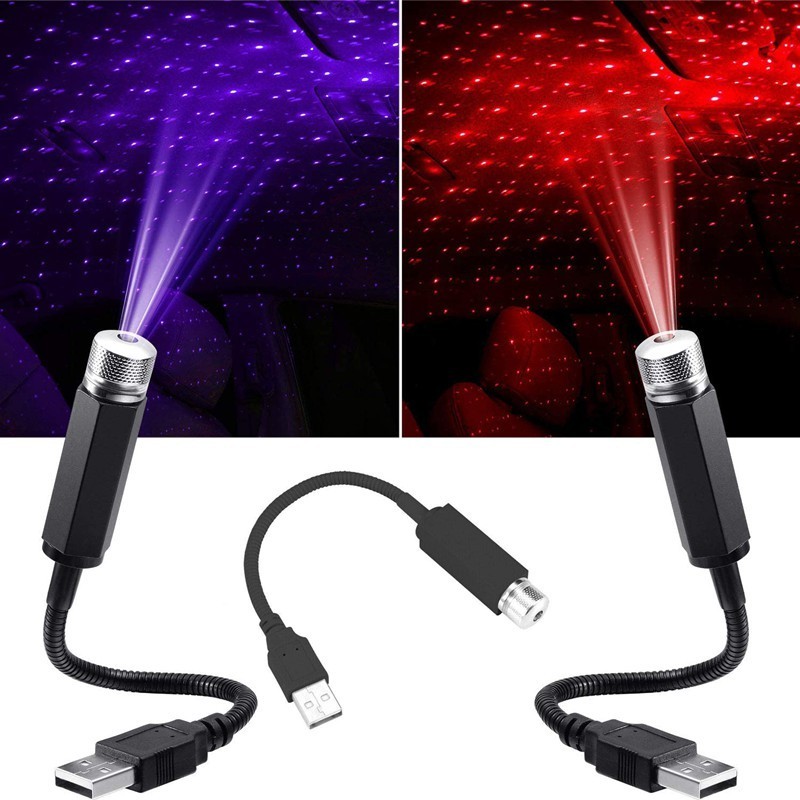 Neon Atmosfera Do Carro Universal USB Luz Azul Vermelho Decoração De Interiores Mini LED Projeção Lâmpada Estrela Noite Céu Estrelado laser Teto De