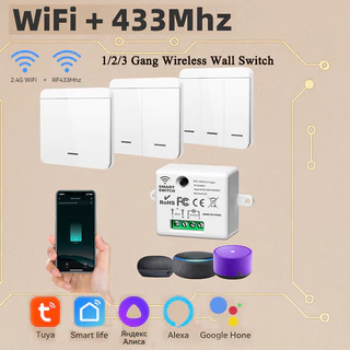 【 ouliluye 】 WIFI Mini Interruptor De Luz Tuya Smart Home APP Módulo De Relé 433MHz Painel De Parede Temporizador De Controle De Voz Sem Fio Google Alexa 110220V