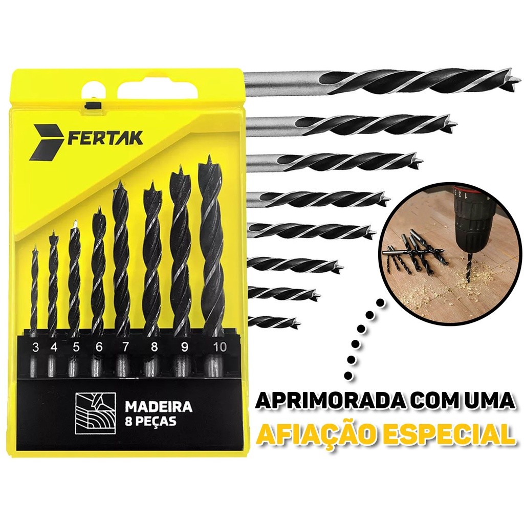 Jogo de Brocas Para Madeira Kit Broca Furar Profissional Furadeira 8 ...