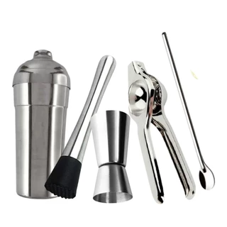 Kit Bar 5 Peças Coqueteleira De Alumínio Socador Dosador Duplo 30 e 60 Ml Espremedor De Limão Colher De Suco Para Bebidas Drink Caipirinha Bar Restaurantes Resistente