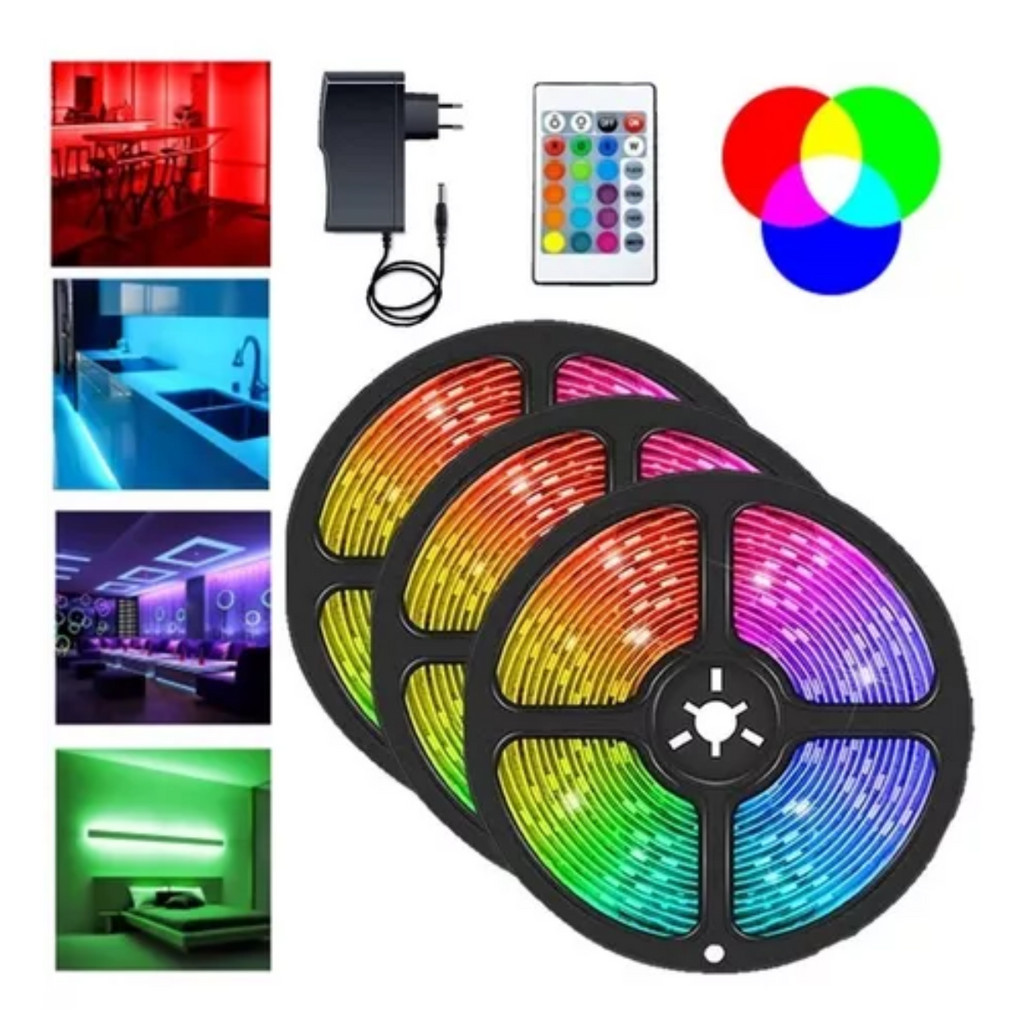 Fita De Led Rgb 15m Rgb Colorida Com Fonte Controle +adesivo | Shopee ...
