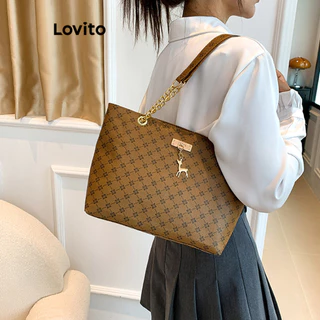 Lovito Bolsa Tote de Ombro Básica para Mulheres LFA04021 (Café/Marrom/Branco)