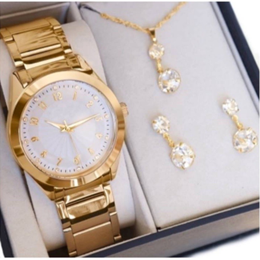 🔥LANÇAMENTO🔥 Relógio Feminino + Kit Colar Brincos Folheados A Ouro 18k
