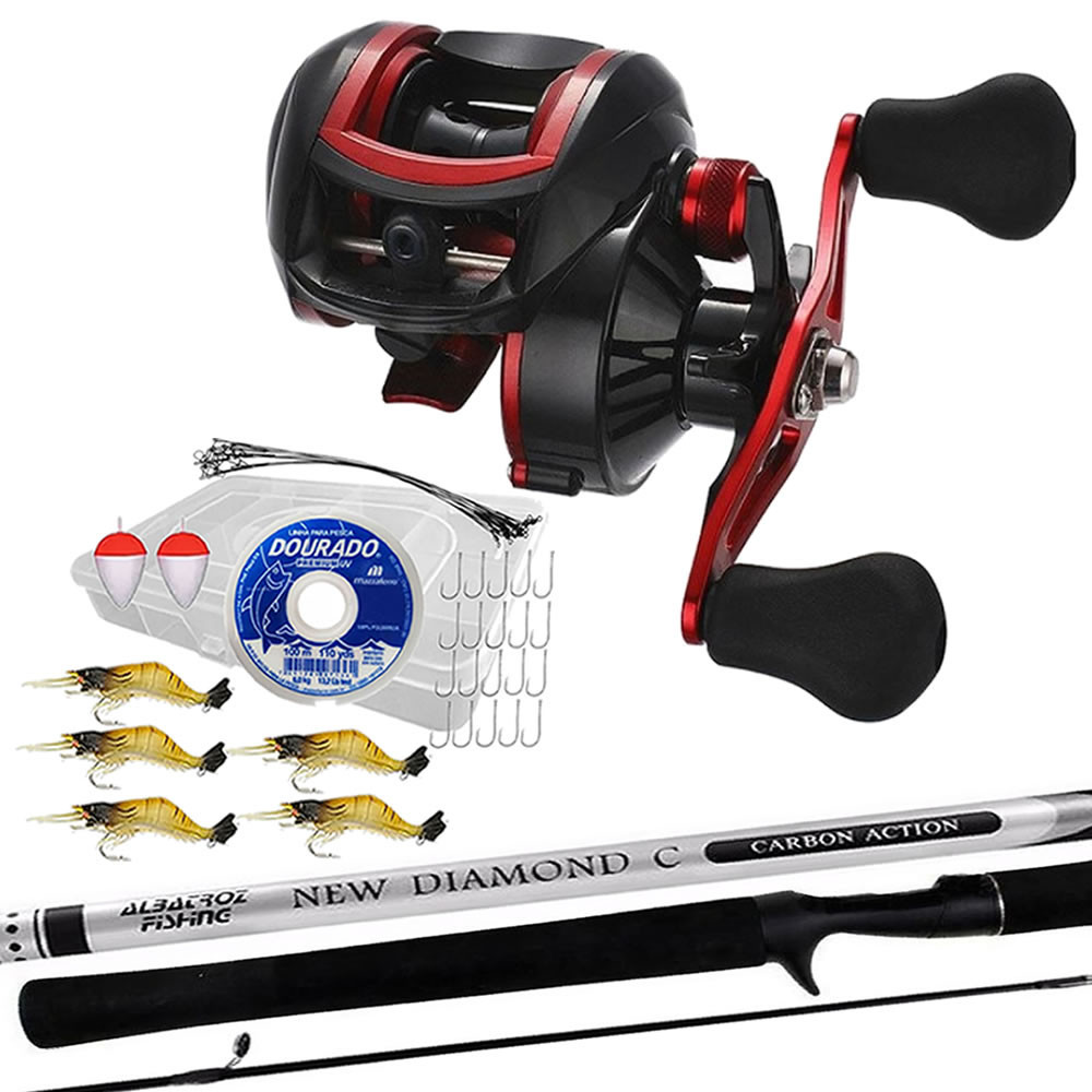 Kit Completo Carretilha 19 Rolamentos Com Vara Albatroz 1,68mts e Estojo com 38 itens