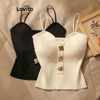 Lovito Regata Redonda Casual De Metal Com Botão Liso Para Mulheres LNL38050 (Branco Preto)