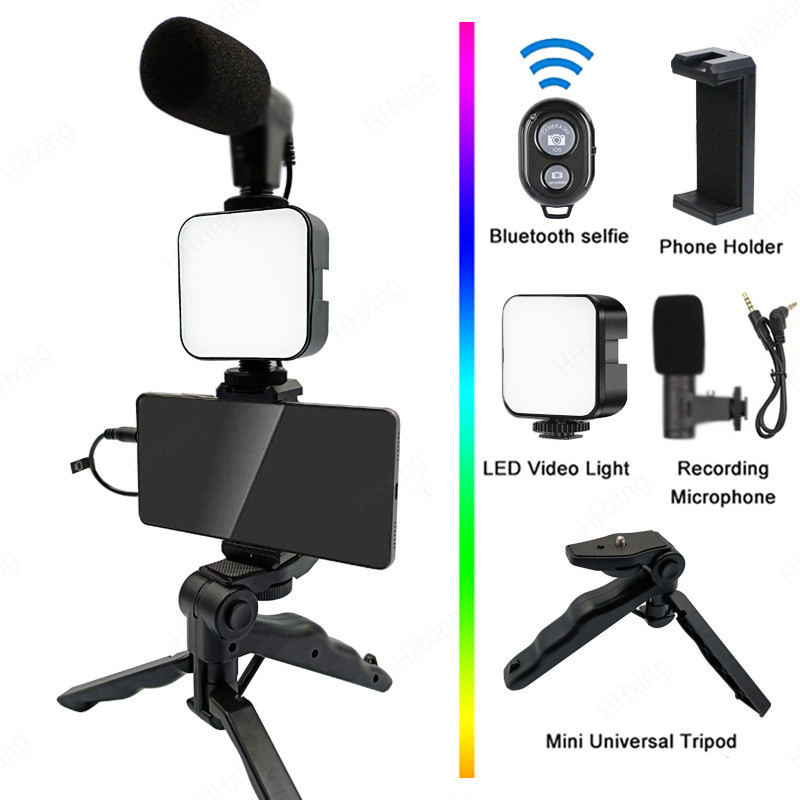 Suporte Estabilizador Portátil Para Fotografia Do Telefone Kit De Vídeo Smartphone Microfone LED Selfie Tripod Gravação Cabo