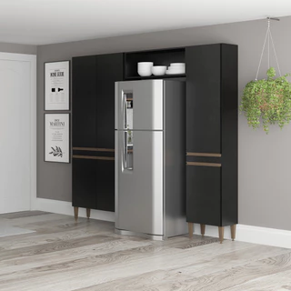 Armário Modulado Cozinha para Geladeira com Nicho Sabrina 200cm 3 Peças Preto