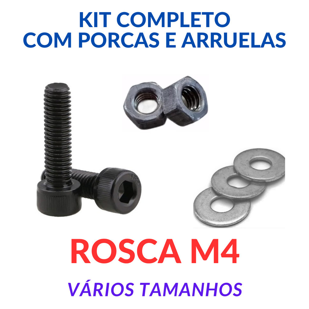 Parafuso Allen vários tamanhos - M4 Passo 0,70 (Chave Allen 3) - kit com porcas e arruelas lisas