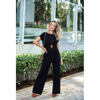 Conjunto Feminino Malha Cropped Alongado e Calça Pantalona