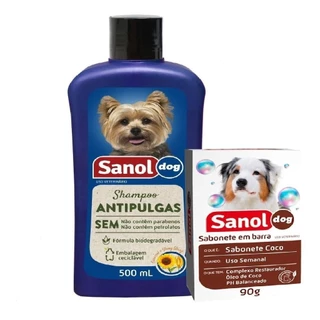 Kit Shampoo Antipulgas Sabonete Barra Coco Sanol Dog