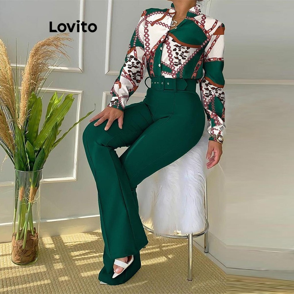 Lovito Conjunto Elegante De Calças Com Estampa De Corrente Para Mulheres LNL50217