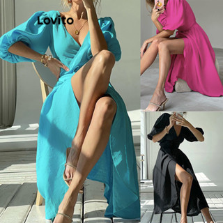 Lovito Vestido Feminino Elegante Com Mangas Bufantes E Envoltório Liso LNL36008 (Rosa Choque/Azul/Preto)