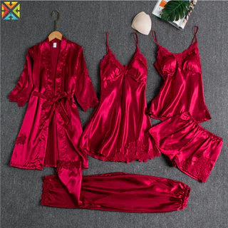 5pcs/Set Roupa De Seda Sono Feminina Laço Satin Pijamas Conjunto De Vestido De Noite Em V Cami Pijama Home Primavera em Oferta na Shopee