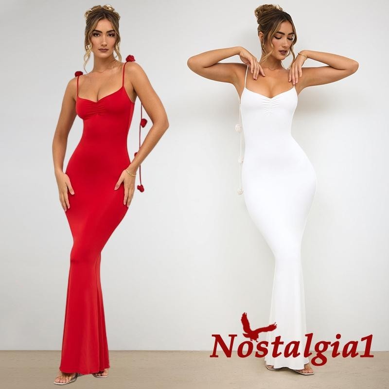 dresses for women 2023 formal dresses women elegant 037 Red Spaghetti Strap  Maxi Dress Women Sexy Sleevelss Backless V-Neck Slim Party Evening Clubwear