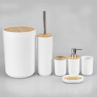 Conjunto De 6 Peças Para Banheiro Feito De Bambu E Plástico Branco