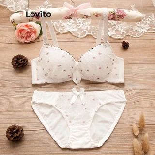 Lovito Conjunto casual de sutiã e calcinha com bolinhas florais com fivela floral e arco frontal para mulheres LNE55290