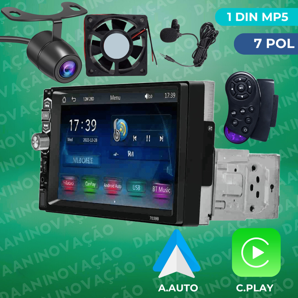 Central Multimídia MP5 Carplay Android auto Bluetooth 1 Din 7 Pol USB ...