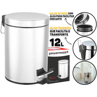 Lixo Lixeira Redonda 12 Litros Grande Com Pedal Alça Cesto Removível Para Banheiro Escritório Lavabo Cozinha Fraldas Bebe Casa Restaurantes Pet Powermaid